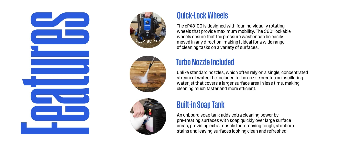 Features graphic that includes Quick-Lock Wheels, Turbo Nozzle, and Built-in Soap Tank.